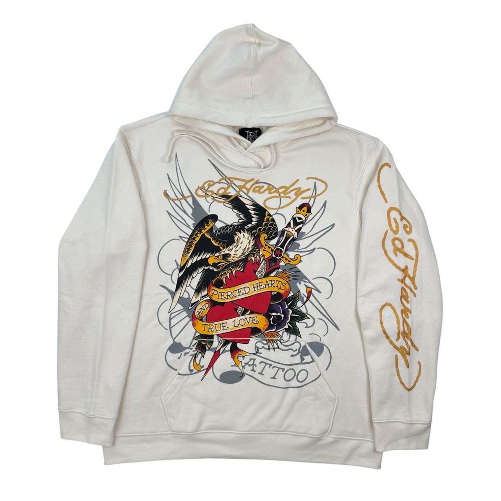 Ed Hardy Mens Eagle Pierced Hearts Tattoo Graphic Print Hoodie Cream XL NWT - Picture 2 of 7